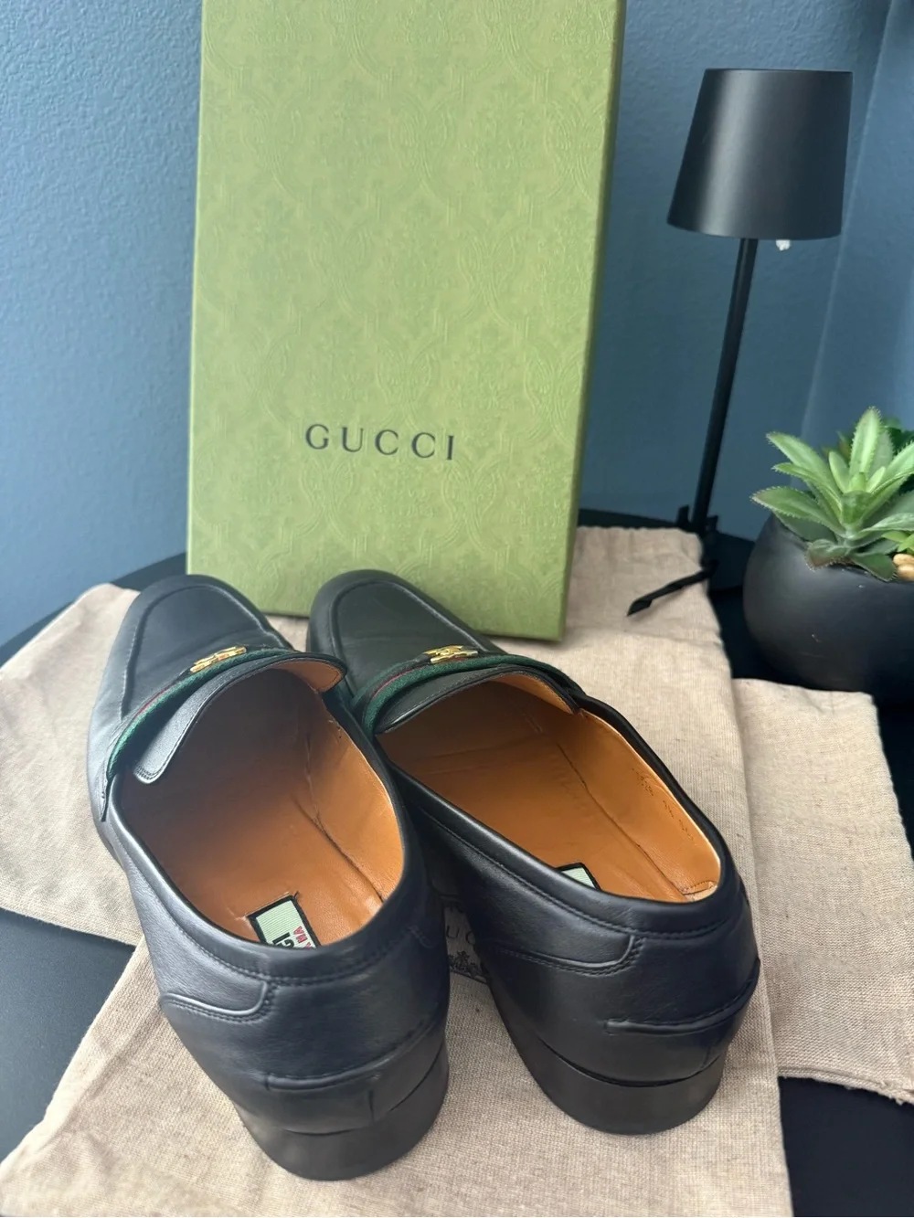 Gucci Black Leather Loafers with Green-Red Web and Gold Hardware